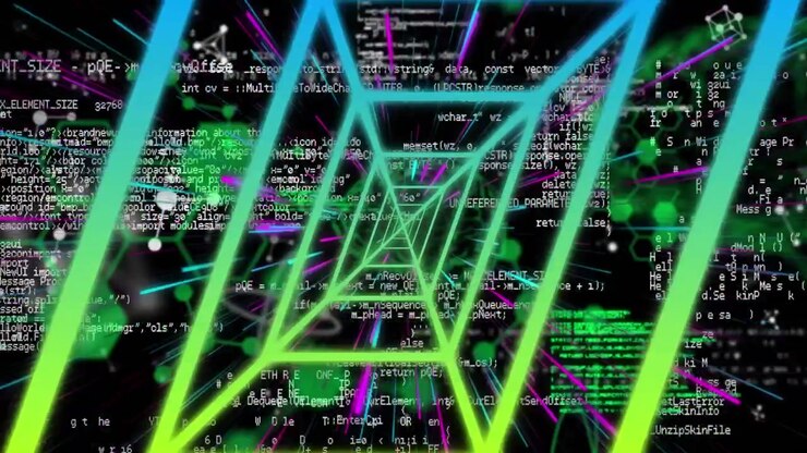 Animation of neon tunnel over data processing and chemical formulas on black background