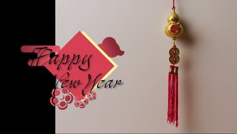 animación de saludos de año nuevo texto sobre decoraciones tradicionales chinas.
