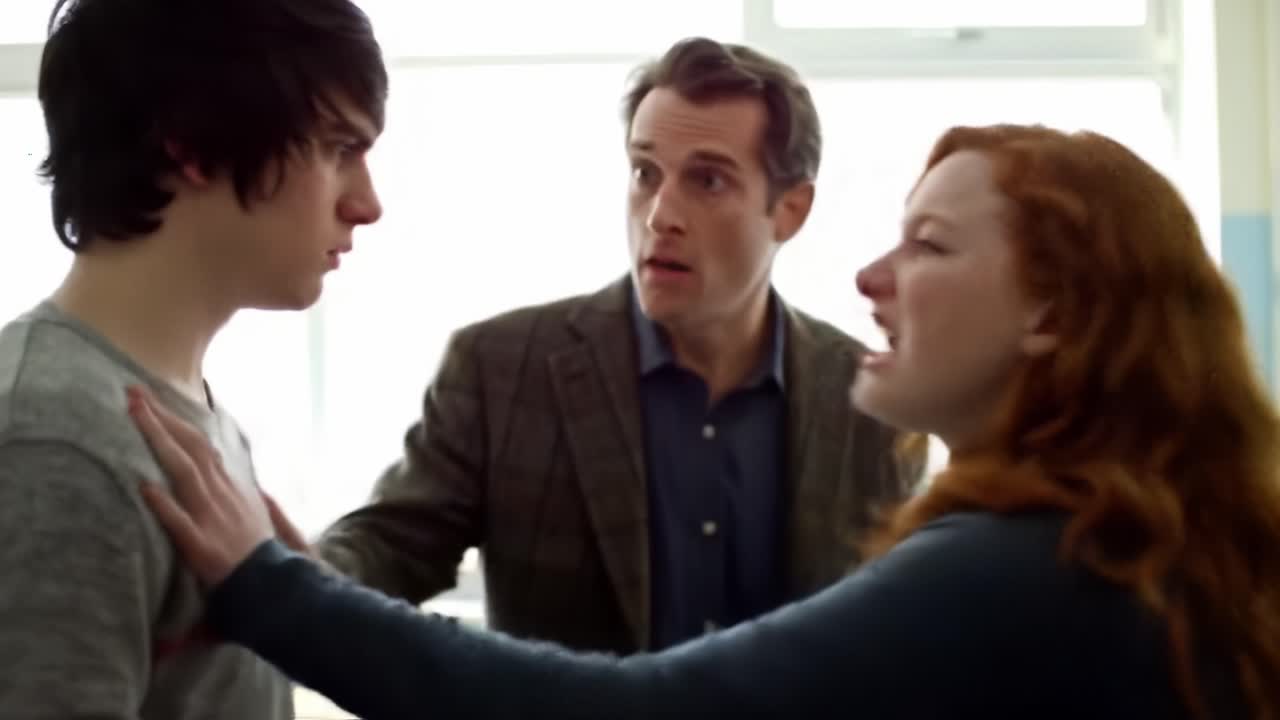 Intense Confrontation in a Classroom: A Dramatic Exchange Between Two Students and a Teacher, Highlighting Conflict and Emotional Tension in a School Setting