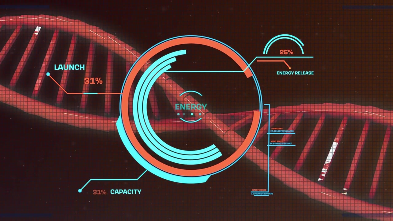 Cyan marker settling on red double helix activating circular HUD, charging launch and capacity