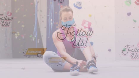 Social-media-concept-icons-floating-against-caucasian-fit-woman-tying-her-shoelaces-at-the-gym