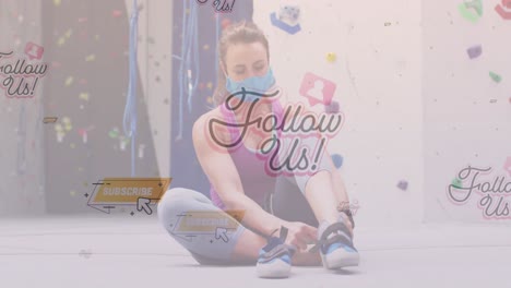 iconos del concepto de las redes sociales flotando contra la mujer caucásica en forma atando sus cordones en el gimnasio