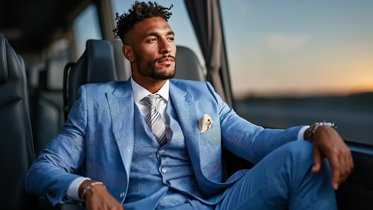 A man in a blue suit sitting in a bus