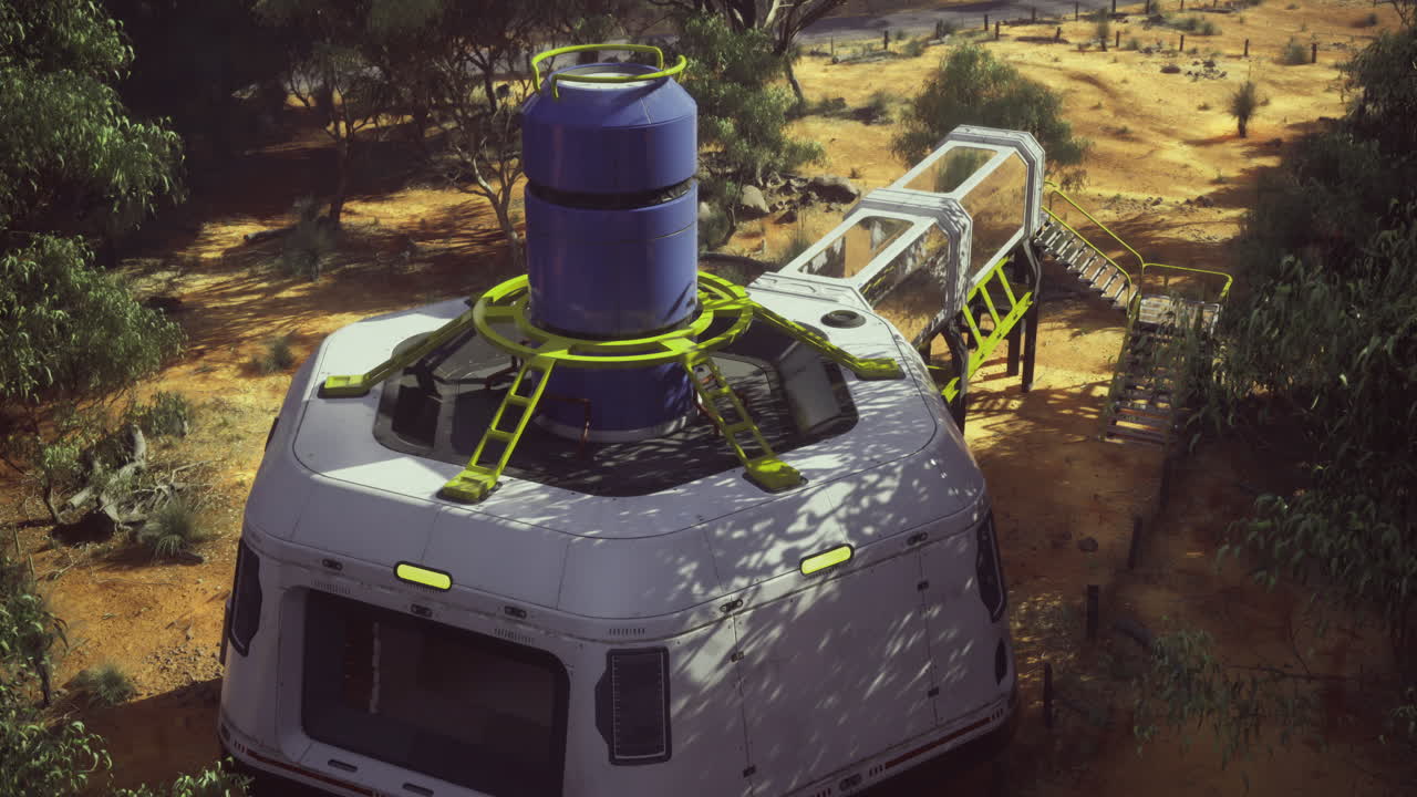Modern habitat structure in a remote outdoor environment with equipment
