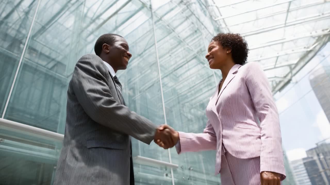 Professional handshake between two individuals in a modern, glass-enclosed environment, symbolizing collaboration, partnership, and business success
