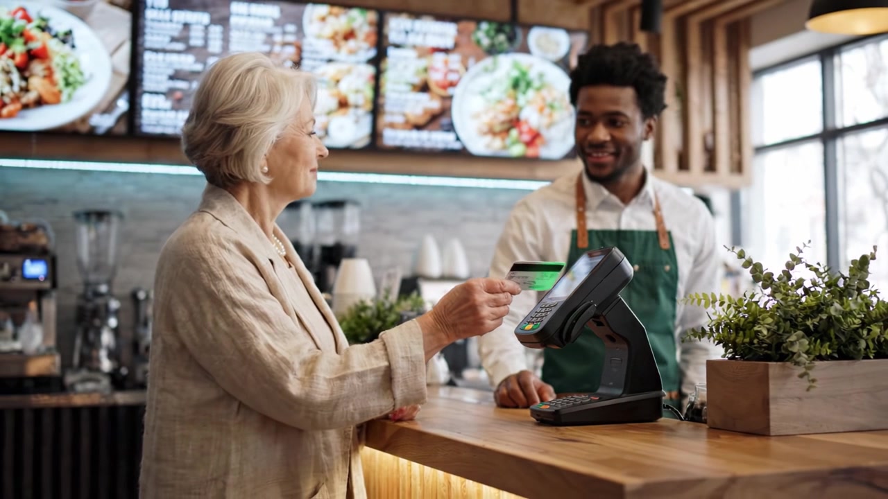 En ældre kvinde gennemfører et køb på en moderne restaurant med en touchskærms-betalingsterminal, der viser problemfri digitale transaktioner i spisemiljøer