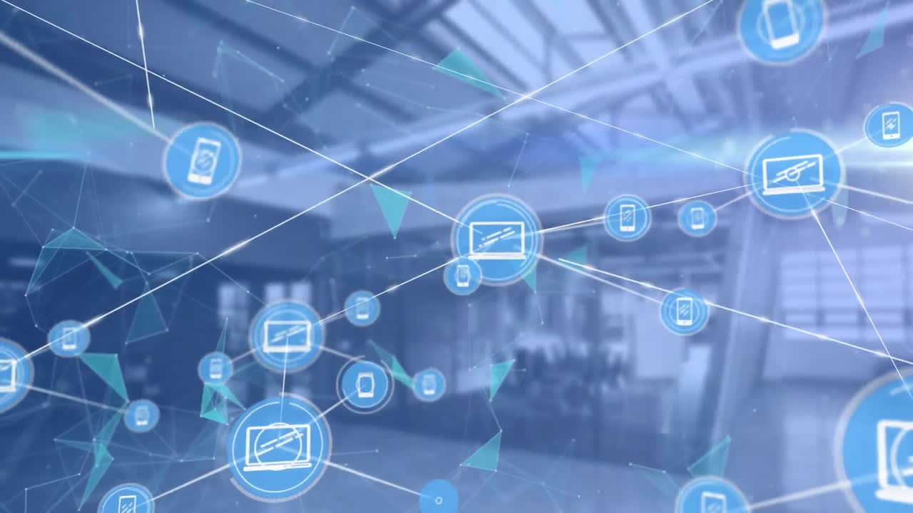 배경에 비어있는 건물 위의 아이콘으로 연결 네트워크의 애니메이션