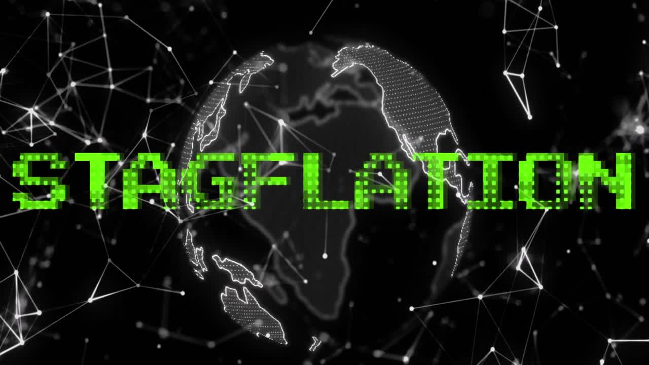 지구와 통신 네트워크 위에서 녹색으로 된 스태그플레이션 텍스트의 애니메이션