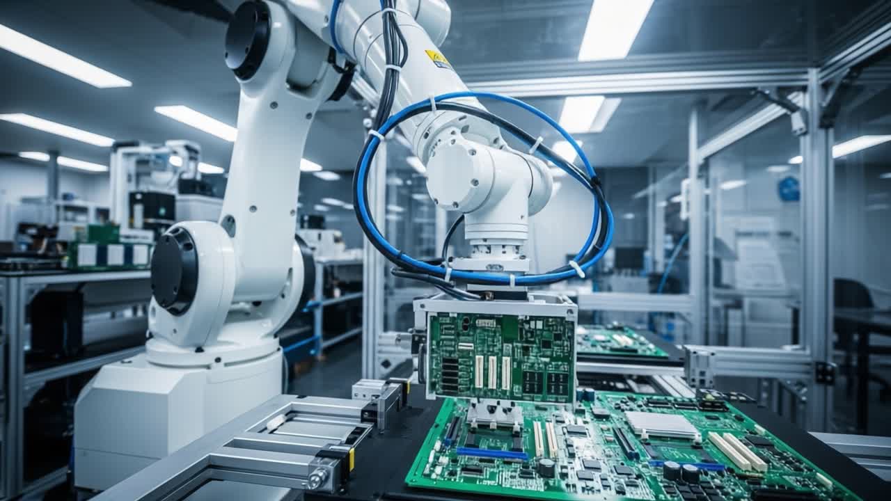 An Advanced Robotic Arm Performing Precision Assembly of Circuit Boards in a Modern Electronics Manufacturing Facility