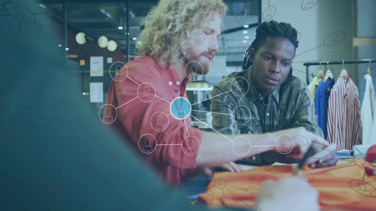 Animation of network with data processing over diverse business people working in office