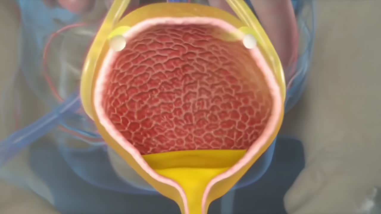 Medical video still showing a frontal view of the human torso with internal organs visible
