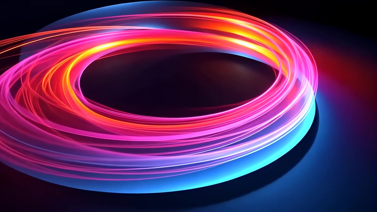 Scie luminose al neon vorticose creano un vivace anello astratto.