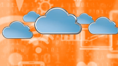 Animation-Von-WLAN--Und-Online-Symbolen-Und-Digitalen-Blauen-Wolken-Auf-Orangefarbenem-Hintergrund