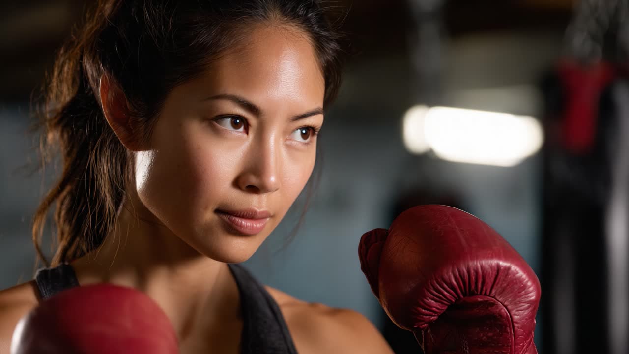 Focused Athlete Preparing for Combat: A Determined Boxer Ready to Train with Intensity and Power, Captured in Two Frames Showcasing Her Strength and Technique