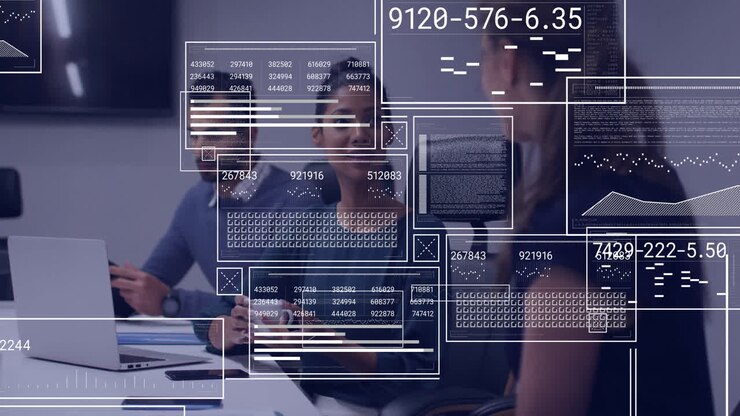 Animation of data processing and diagrams over diverse colleagues talking