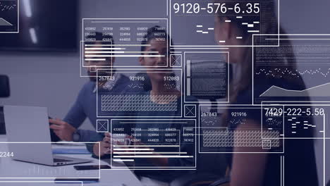 animation of data processing and diagrams over diverse colleagues talking