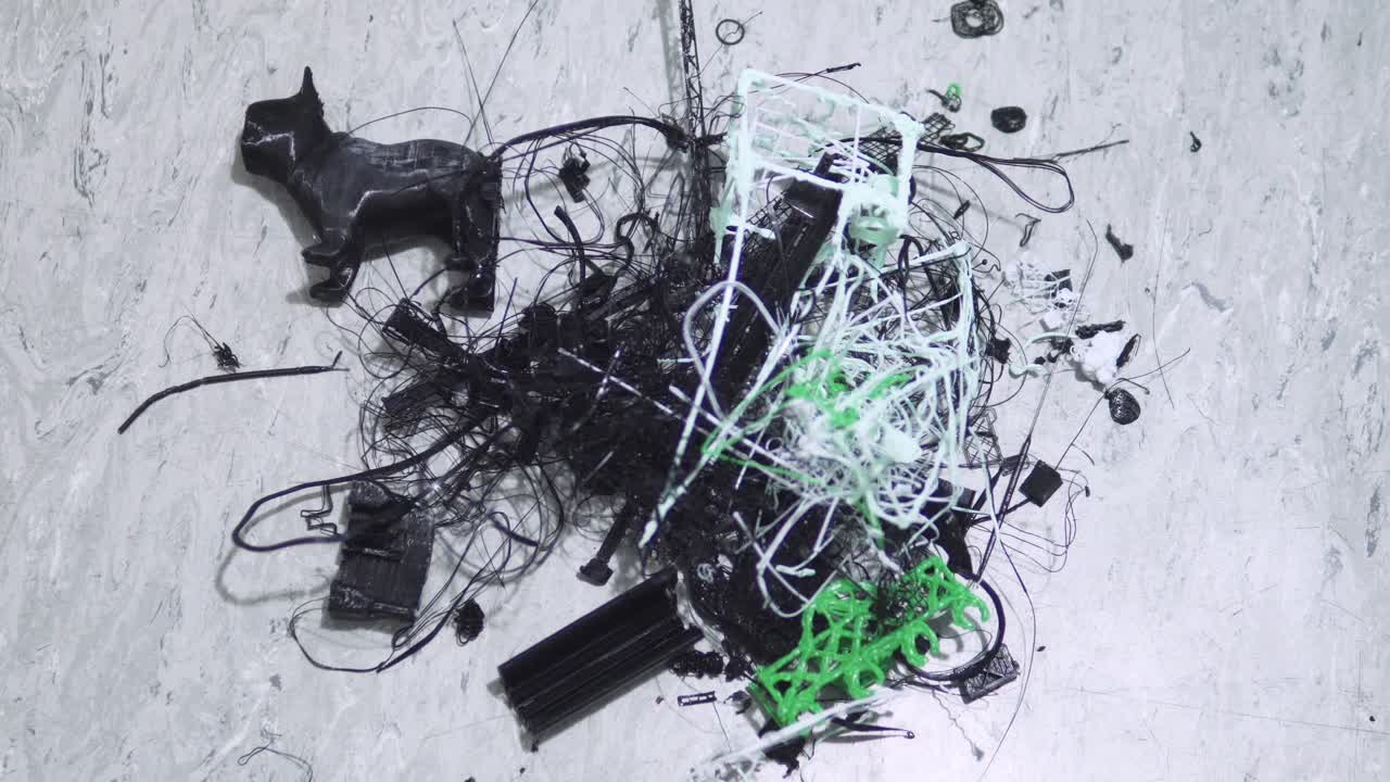 3d 프린팅에서 버려진 플라스틱을 바닥에 던지는 장면