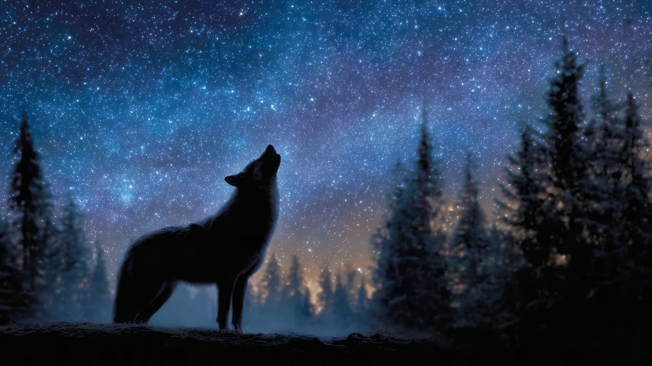 A lone wolf howling at the starry night sky, surrounded by silhouettes of trees, captures the mystical beauty of nature under the sparkling universe