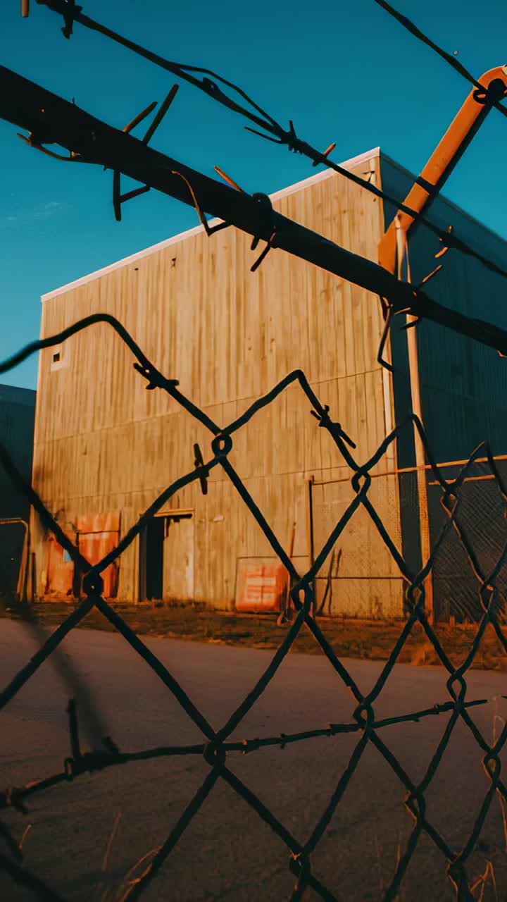 Vertical video: Tilting camera revealing warehouse roof behind barbed chainlink fence with barrels