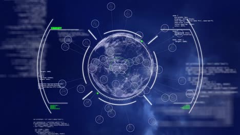 Animation-of-scope-scanning-on-network-of-digital-icons-over-spinning-globe-and-data-processing