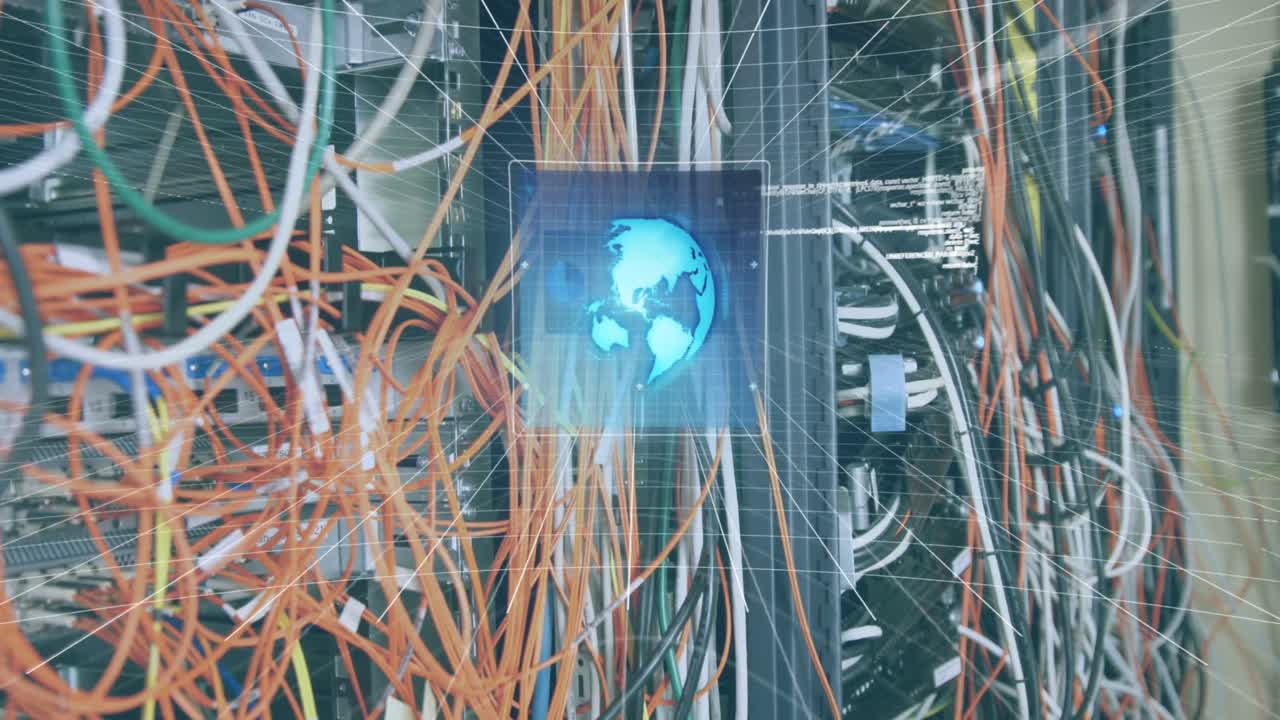 Animation of interface with data processing over close up of a computer server
