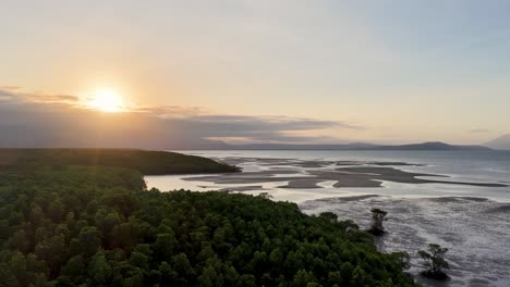 Animation reveals a serene sunrise over lush forest and winding river through an airplane window, capturing tranquil beauty and movement