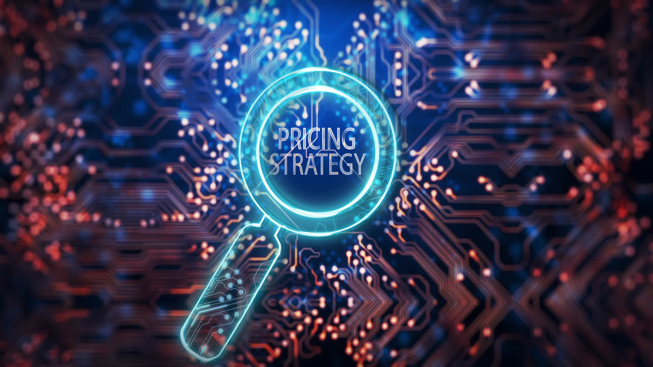 Animation of magnifying glass with pricing strategy text over computer circuit board