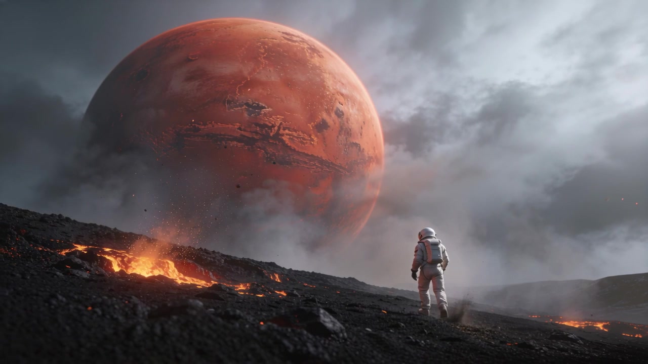 Astronaute en combinaison spatiale blanche marchant vers de la lave et une plaine volcanique de planète rouge, avec espace pour texte.