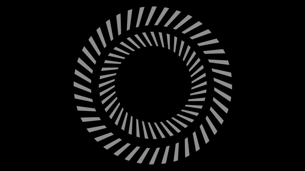 16:9 영상 형식으로 풀 스크린에서 중앙으로 사라지는 크기를 줄여 시계 방향으로 회전하는 스트로보스코픽 및 최면 효과를 가진 흑백 그래픽 객체