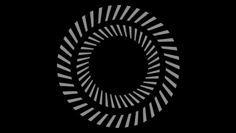 objeto gráfico en blanco y negro con efecto estroboscópico e hipnótico, que gira en el sentido de las agujas del reloj disminuyendo el tamaño de pantalla completa a desaparecer en el centro, en formato de video 16: 9
