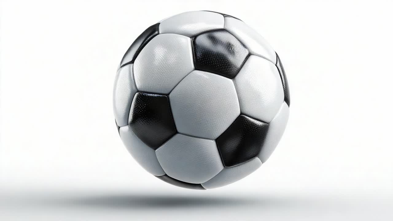 Dynamischer schwebender Fußball in Bewegung festgehalten, der schwarz-weiße Paneele auf einem neutralen Hintergrund präsentiert und dabei seine Form und Textur betont.