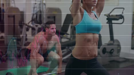 Animation-of-data-processing-over-fit-caucasian-woman-and-man-exercising
