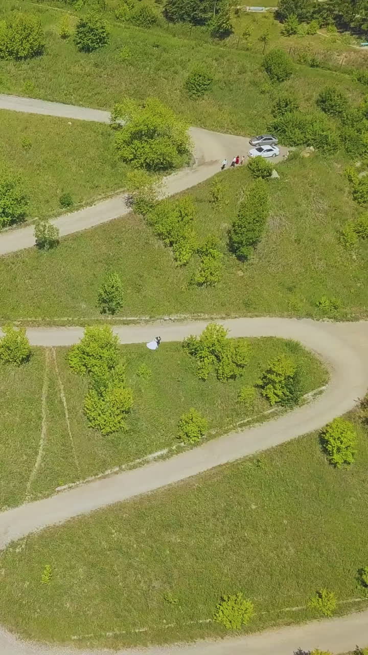 distant newly wedded couple on hairpin curves path of green hill with trees on nice summer day upper view
