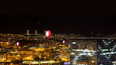 alfileres de ubicación y paisaje urbano por la noche