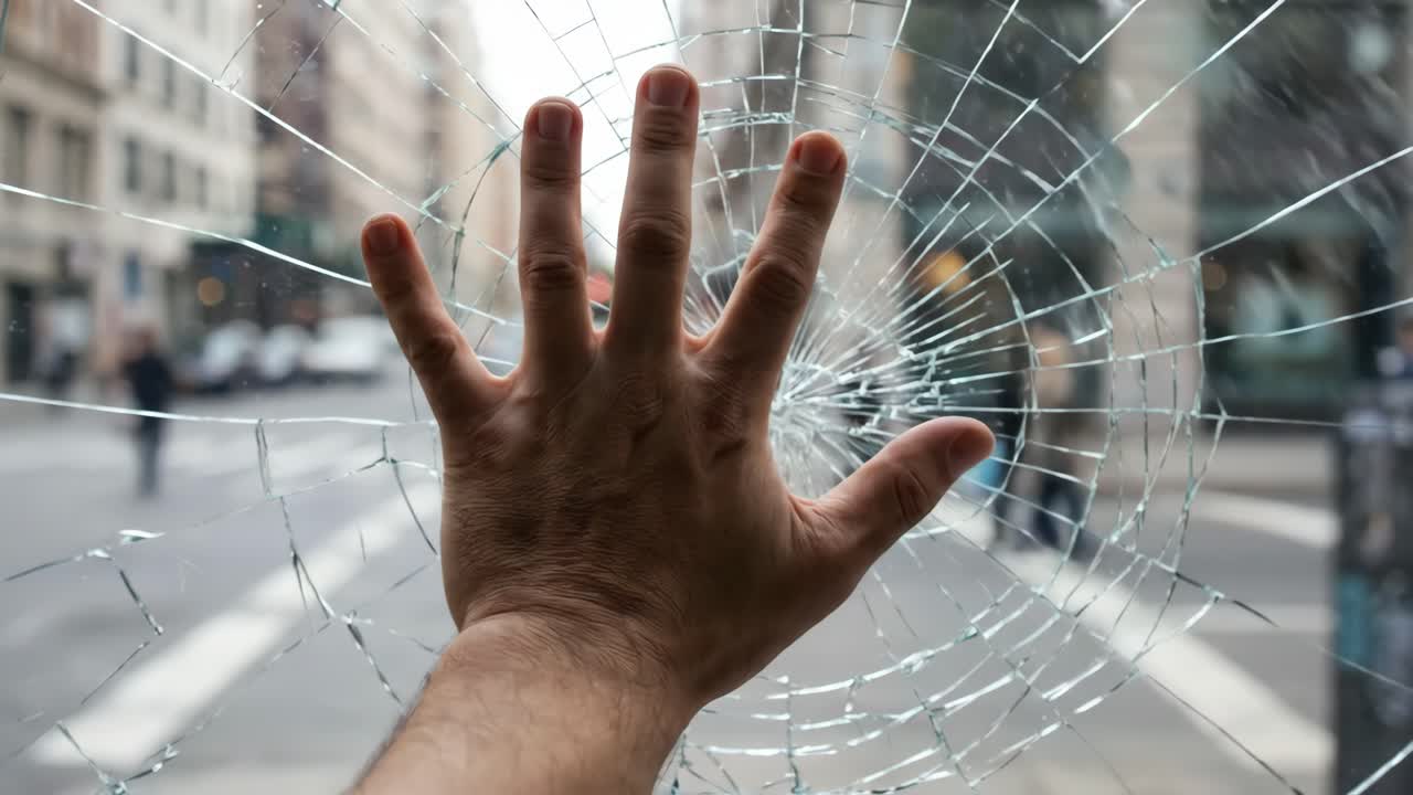 Person's Hand Touching Shattered Glass on a City Street