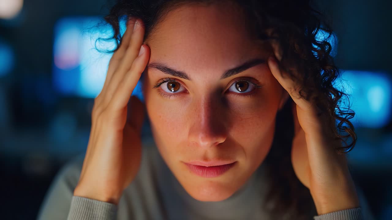 Intense Close-Up of a Woman Displaying Emotional Strain and Fatigue While Working Stressed at a Computer Screen in a Dimly Lit Room