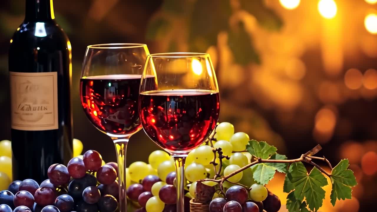 Scena video calda e romantica con vino e uva su un tavolo