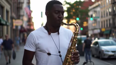 A Talented Saxophonist Enchants Street Passersby with Melodious Notes, Creating an Enriching Experience in the Busy Urban Atmosphere of a Vibrant City Scene