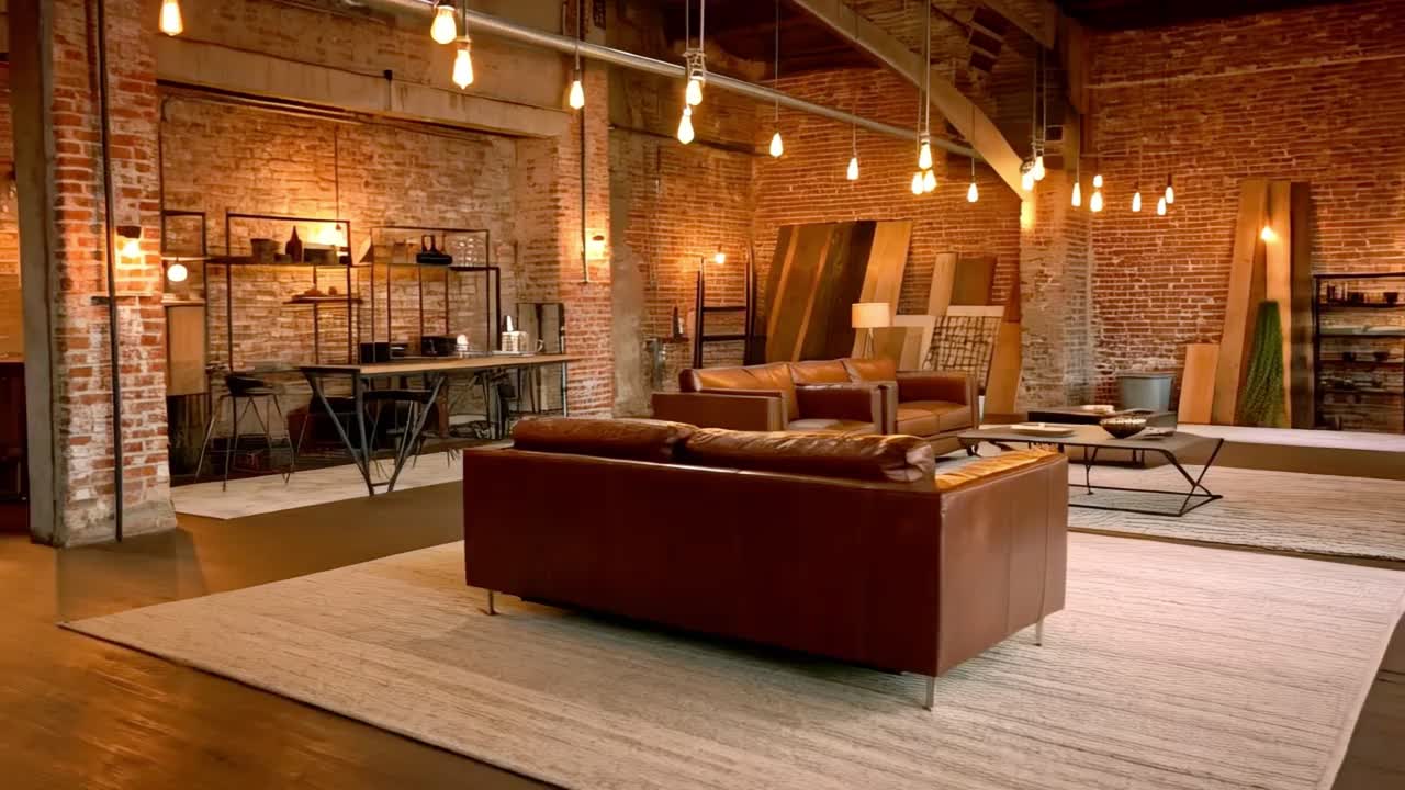 Industrial Living Room with Leather Furniture and Brick Walls