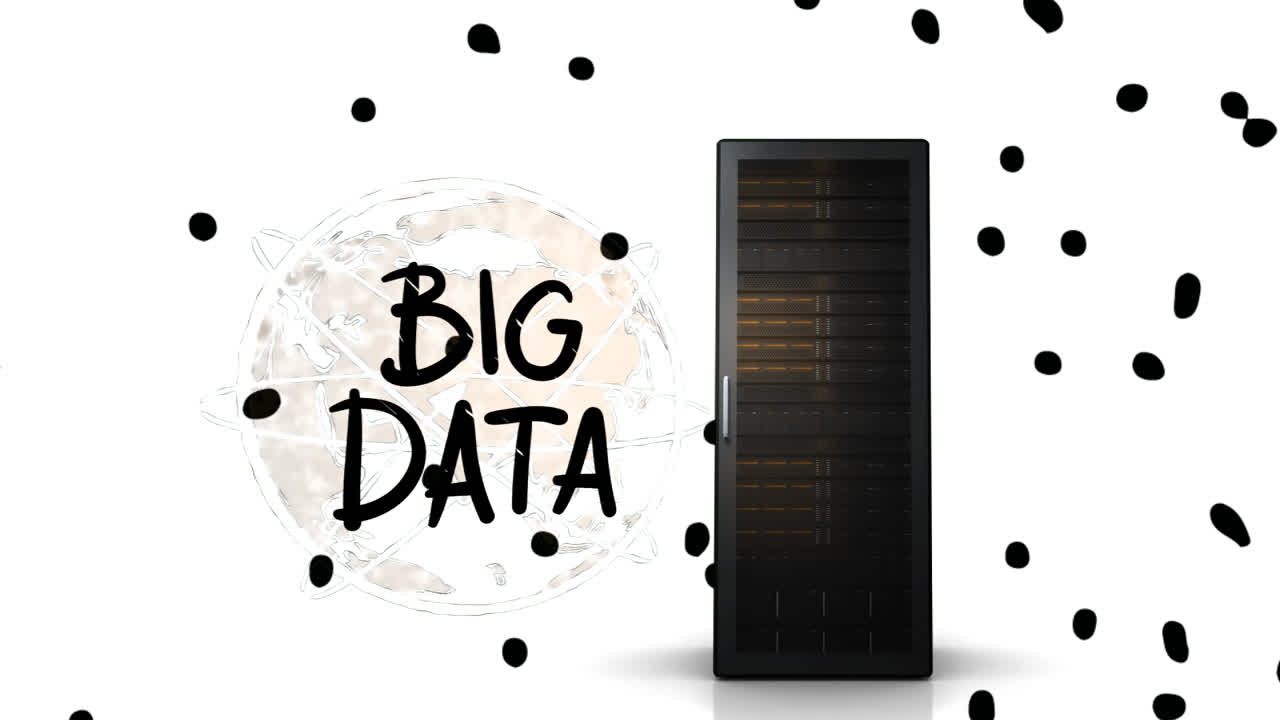 Animation of big data, network scheme and server on white background with dots