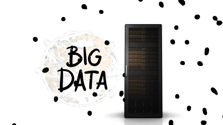 Animation af big data, netværksdiagram og server på hvid baggrund med prikker