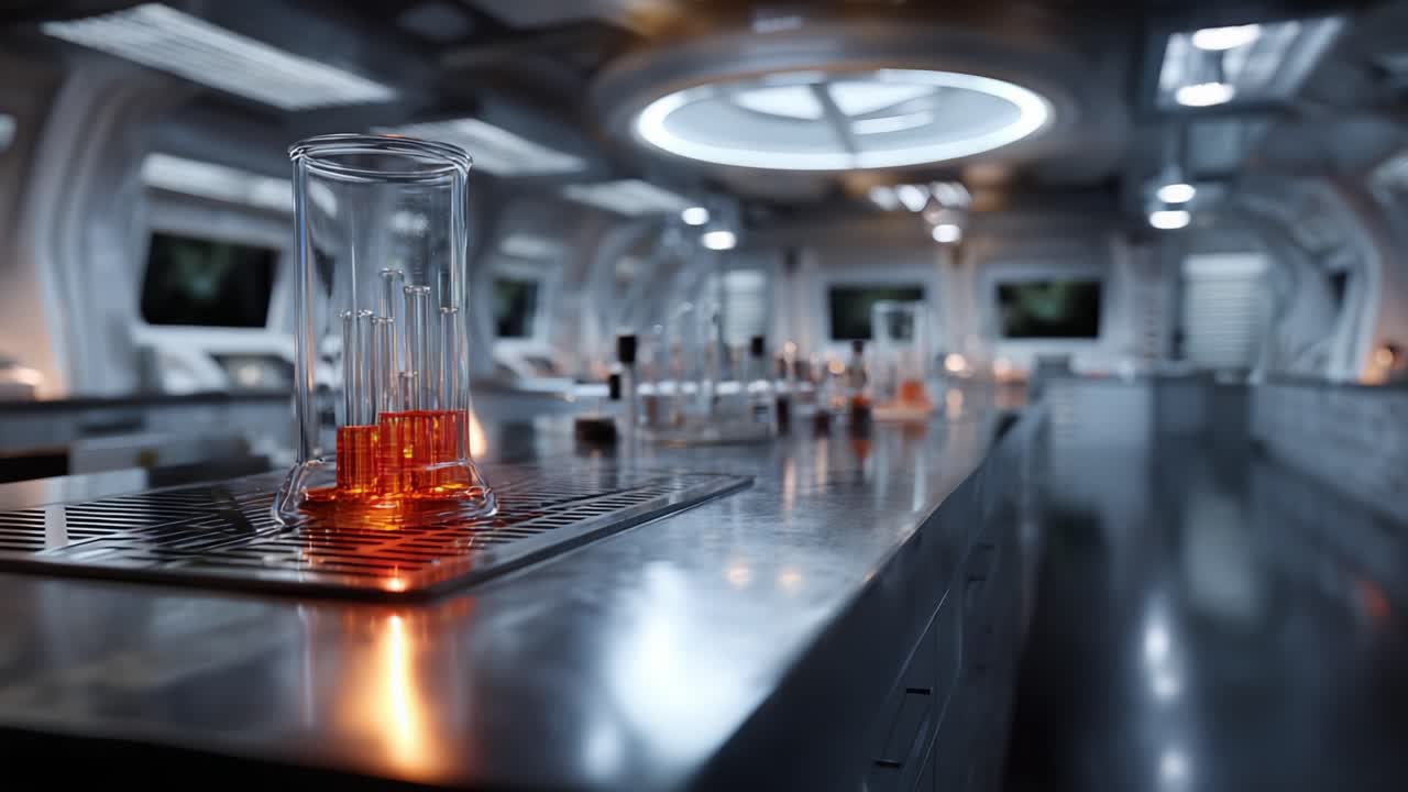 Futuristic laboratory showcasing advanced scientific equipment and vibrant liquid samples in transparent glass beakers, illuminated by artificial lighting in a sleek environment