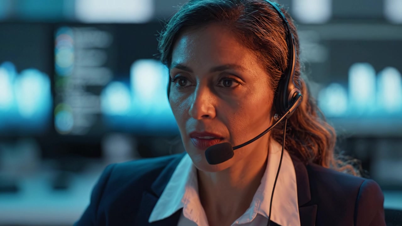 Focused Professional Listening in a Tech Environment: Woman with Headset Analyzing Data amidst Digital Charts and Graphs, Illustrating Critical Communication Skills
