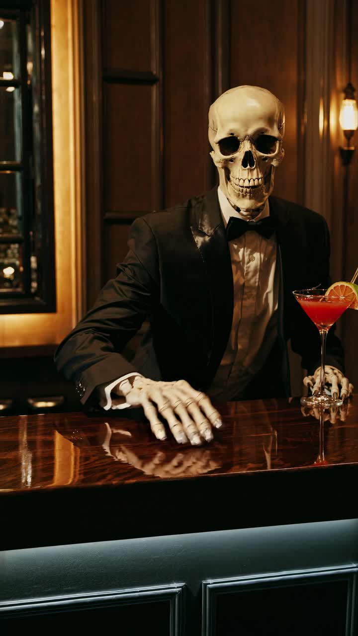 A skeleton in a tuxedo sits at a bar with a cocktail, captured from a low angle