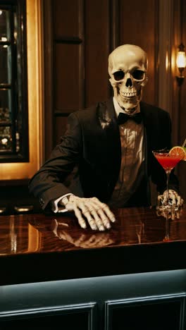 a skeleton in a tuxedo sits at a bar with a cocktail, captured from a low angle