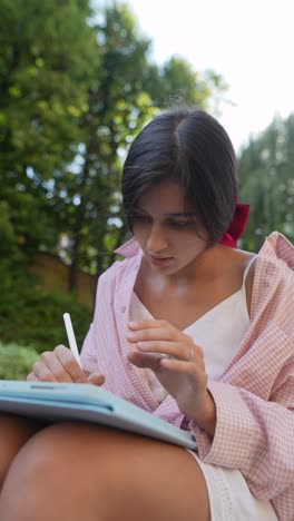 young woman drawing on digital tablet outdoors