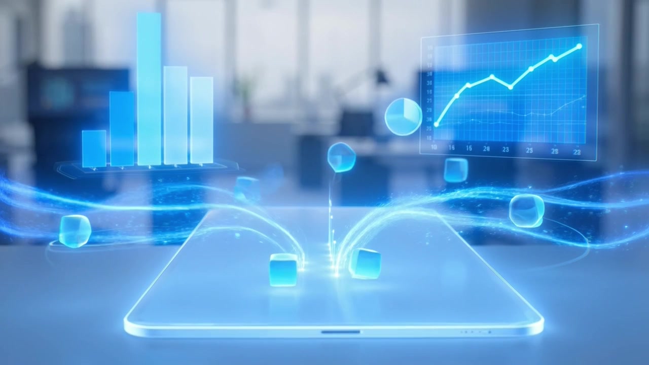 Futuristic Tablet with Holographic Data Charts in an Office