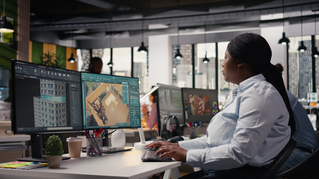 African american architectural developer using 3D designing interface