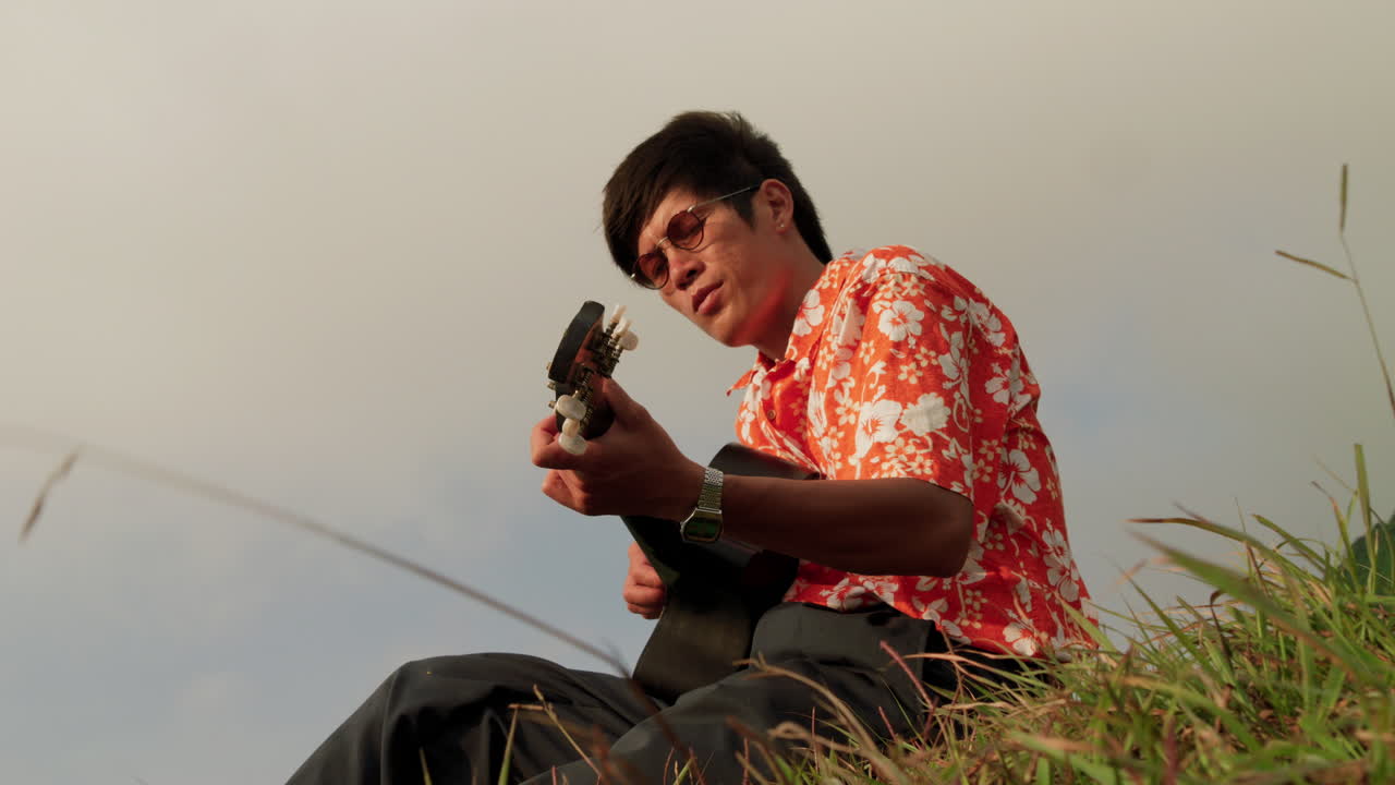 베트남의 산에서 아시아 기타 연주자, 낮은 각 느린 동작