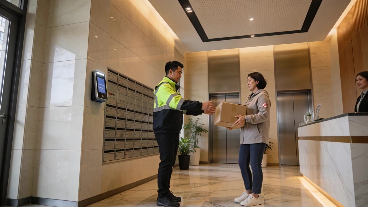 Personal con chaleco de alta visibilidad da un paso adelante, toma un paquete de una mujer tras conversar en el vestíbulo, espacio para texto